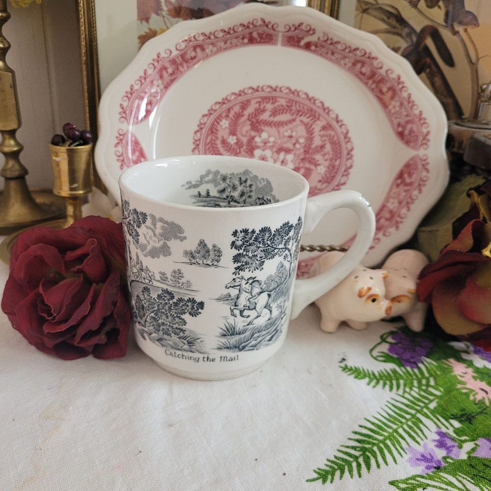 Vintage Ridgway "Coaching Days" coffee mug Black and White Transferware